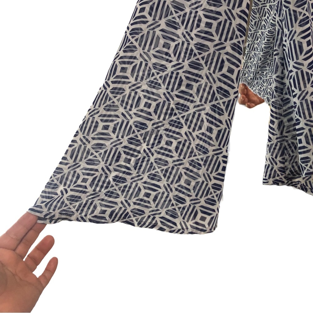 Blu Pepper Sheer Blue/White Geometric Blouse High/Low Hem Bell Sleeves  S - Picture 4 of 6